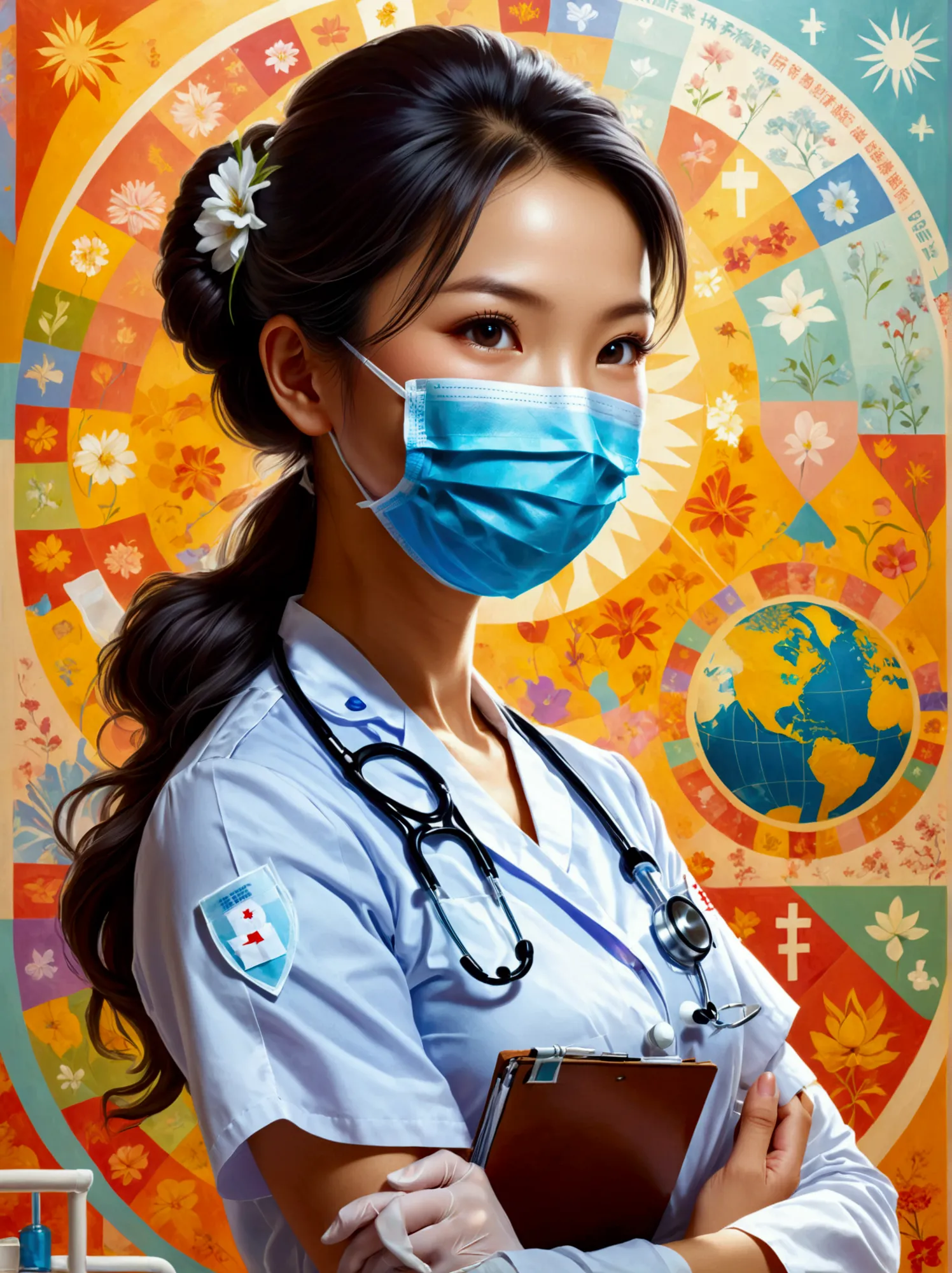 a scene in honor of international women's day featuring a nurse. the nurse is an asian woman, standing bravely with a mask and g...