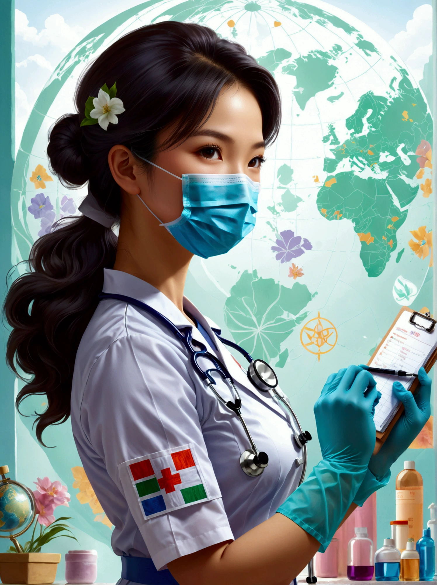 A scene in honor of International Women's Day featuring a nurse. The nurse is an Asian woman, standing bravely with a mask and glove, symbolizing the frontline workers during the global pandemic. She wears a traditional white uniform, her hair is neatly tied back, and she has a compatible stethoscope around her neck. In her hand is a clipboard, indicating her duty to monitor the health of patients. The background is filled with symbols of womanhood and empowerment, including the international women's day logo, and a globe representing global unity and support for women's rights.