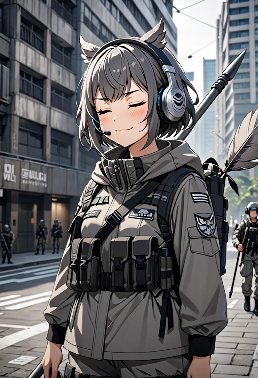 8K Ultra High-Quality, ultra-detailed, High quality, Dark Grey hair, short hair, owl girl, grey owl feathers on the hair, headset, small smug, military clothes, closed eyes, grey tactical clothes, holding a polearm, close up, full body, alone, urban background