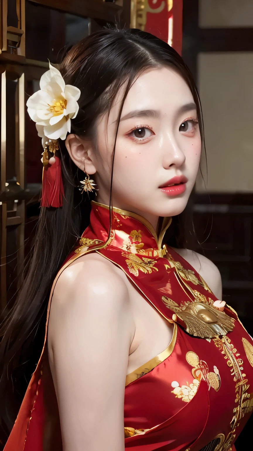 1girl,upper body,fashi-girl,china dress,chinese clothes,hair flower,(masterpiece:1.4),(best quality:1.4),(shiny skin),red lips,looking at viewer,large breasts,parted lips