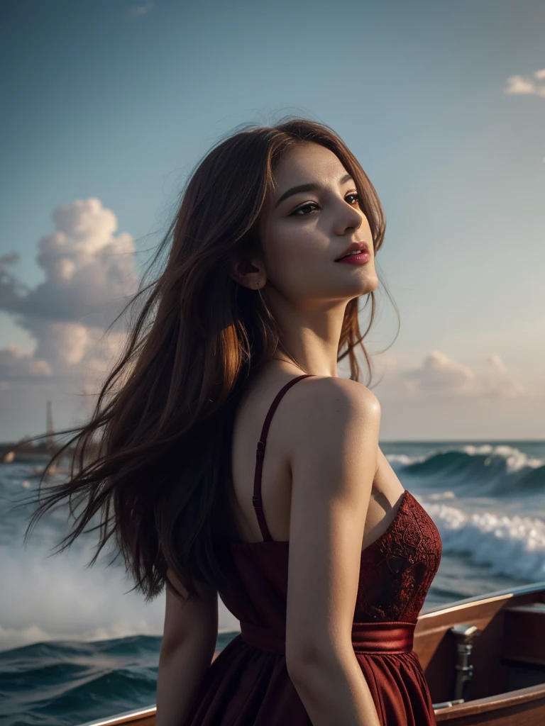 a redhead woman, solo, long hair, black hair, red purple dress, standing, sharp focus, outdoors, sky, day, cloud, water, clothes lift, from behind, blue sky, dutch angle, Victorian era, inspired by Milo Manara, seagulls, ocean, traditional media, beach, watercraft, ship, waves, boat, seagull, film grain, dramatic ambiance, extremely detailed, 8K, proportionated body, [The character is surrounded by mist, evoking a mysterious and eerie atmosphere. The lighting is dark and atmospheric, with a red smoke adding a touch of sinister ambiance. best quality image, with a resolution of 8k and HDR enhancement, showcasing the utmost level of detail and realism, sfw, full body shot]. [Best Quality, Masterpiece, Ultra High Resolution, (highly detailed CG unity 8k wallpaper), (best photo), (best shadows), isometric 3D, octane rendering, ray tracing, highly detailed, (Best quality, 8k, high resolution, masterpiece:1.2), absurdity, masterpiece, ultra detailed, (realistic, photorealistic, photorealistic:1.37), complex parts, HDR, (complex parts:1.12), (hyper detailed, hyper realistic, Soft lighting, spicy:1.2), (complex parts, Hyper detailed:1.15). Blurred foreground. (backlit), high quality, brightness, chromatic aberration, 8k uhd, some smoke, shadows, contrast, clear sky, (warm hue, warm tone), high details, natural reflections]. Insane details, natural skin pores, skin imperfections, cellulite, real skin pores, real skin, stretch marks, moles on skin, photorealistic, (YES SFW:1.5), sfw, sfw, full body, bare feet, long hair, realistic hands.