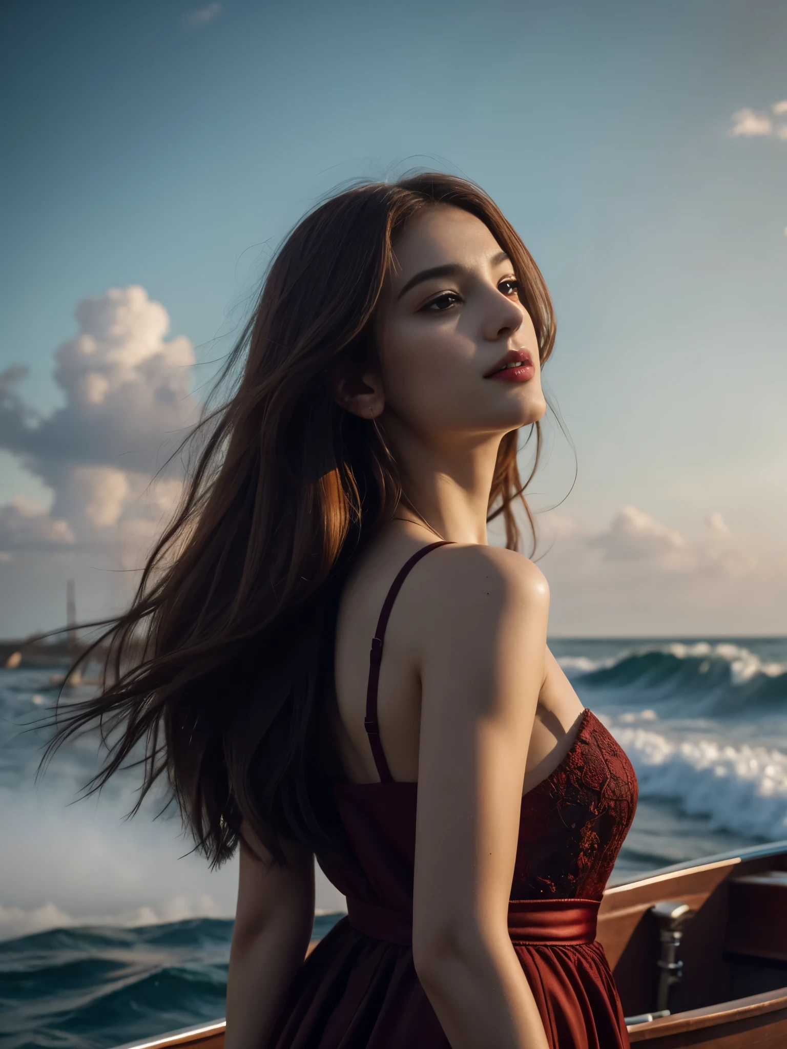 a redhead woman, solo, long hair, black hair, red purple dress, standing, sharp focus, outdoors, sky, day, cloud, water, clothes lift, from behind, blue sky, dutch angle, Victorian era, inspired by Milo Manara, seagulls, ocean, traditional media, beach, watercraft, ship, waves, boat, seagull, film grain, dramatic ambiance, extremely detailed, 8K, proportionated body, [The character is surrounded by mist, evoking a mysterious and eerie atmosphere. The lighting is dark and atmospheric, with a red smoke adding a touch of sinister ambiance. best quality image, with a resolution of 8k and HDR enhancement, showcasing the utmost level of detail and realism, sfw, full body shot]. [Best Quality, Masterpiece, Ultra High Resolution, (highly detailed CG unity 8k wallpaper), (best photo), (best shadows), isometric 3D, octane rendering, ray tracing, highly detailed, (Best quality, 8k, high resolution, masterpiece:1.2), absurdity, masterpiece, ultra detailed, (realistic, photorealistic, photorealistic:1.37), complex parts, HDR, (complex parts:1.12), (hyper detailed, hyper realistic, Soft lighting, spicy:1.2), (complex parts, Hyper detailed:1.15). Blurred foreground. (backlit), high quality, brightness, chromatic aberration, 8k uhd, some smoke, shadows, contrast, clear sky, (warm hue, warm tone), high details, natural reflections]. Insane details, natural skin pores, skin imperfections, cellulite, real skin pores, real skin, stretch marks, moles on skin, photorealistic, (YES SFW:1.5), sfw, sfw, full body, bare feet, long hair, realistic hands.