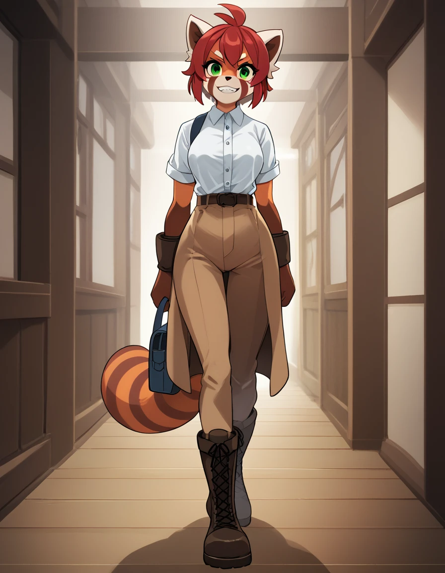 Solo, Score_9, score_8_up, score_7_up, kemono style, Kimiko, An Anthro furry red panda girl, red furry body, red panda tail, , black nose, red hair, braided hair, grinning with teeth, opened dress shirt , brown pants form fitting, satchel around hip leather, short cut combat boots, metal plating on boots, bracers with metal plating on wrist, wooden fantasy town, warm lighting, inside, front angle, impish smirk, majestic, front view, emerald green eyes, looking forward, long legs, athletic toned arms and legs, ass jiggle, athletic toned ass, long coat to legs, trench coat, walking towards viewer, determined.