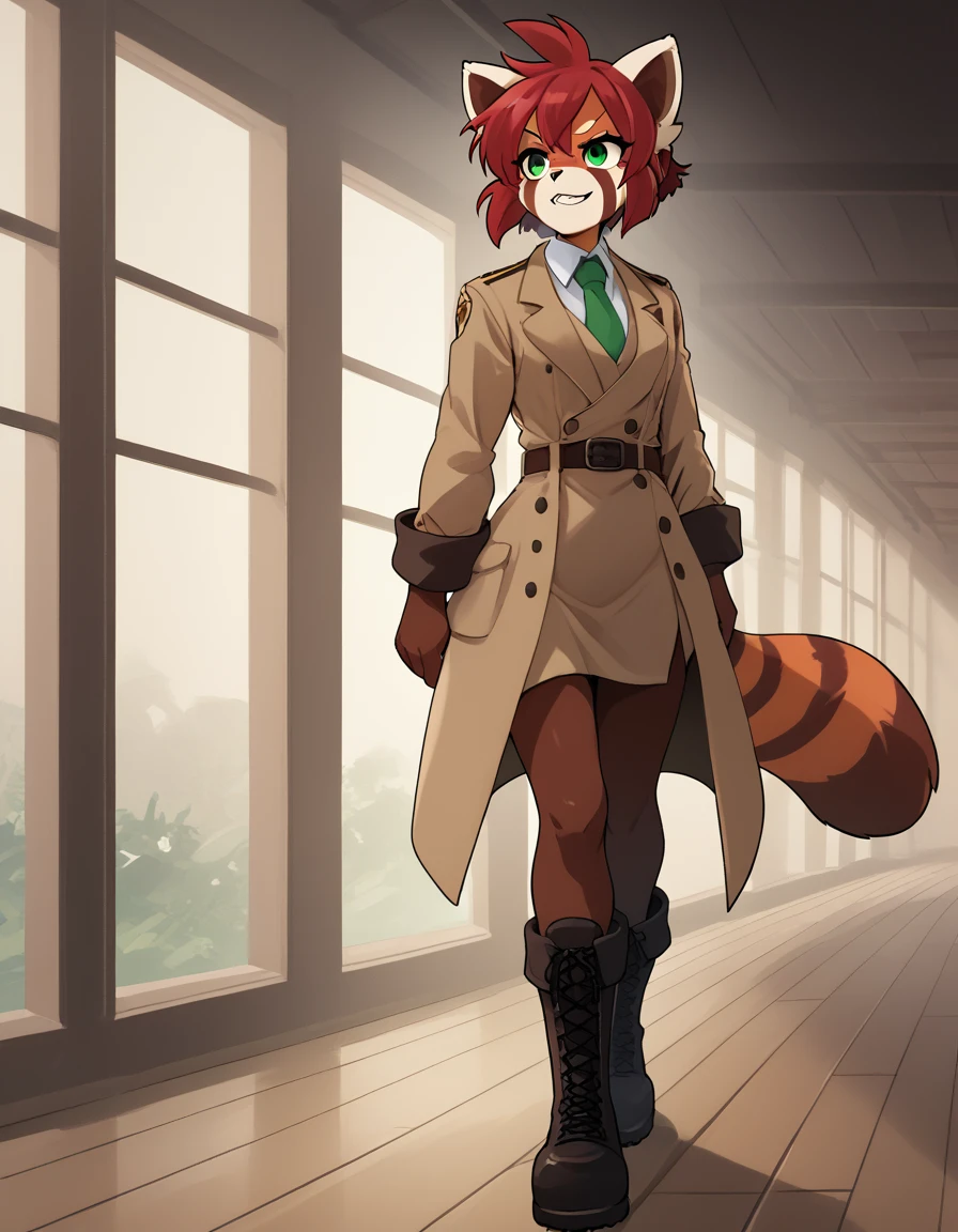 Solo, Score_9, score_8_up, score_7_up, kemono style, Kimiko, An Anthro furry red panda girl, red furry body, red panda tail, , black nose, red hair, braided hair, grinning with teeth, opened dress shirt , brown pants form fitting, satchel around hip leather, short cut combat boots, metal plating on boots, bracers with metal plating on wrist, wooden fantasy town, warm lighting, inside, front angle, impish smirk, majestic, front view, emerald green eyes, looking forward, long legs, athletic toned arms and legs, ass jiggle, athletic toned ass, long coat to legs, trench coat, walking towards viewer, determined.