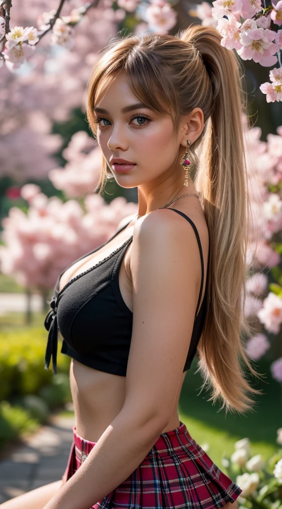 1girl sitting under a blooming cherry blossom tree in a vibrant garden, surrounded by colorful flowers, beautiful detailed eyes, beautiful detailed lips, extremely detailed eyes and face, long eyelashes, blond hair tied back with a ponytail and bangs, necklace, bracelet, dangling earrings, sunlight filtering through the branches, soft shadows on her face, cherry blossoms creating a dreamy atmosphere with soft pink petals, schoolgirl's uniform with very short crop top, pleated miniskirt, white thigh-highs, garden filled with roses, tulips, daisies in vibrant shades of pink, red, yellow, purple, warm, cinematic light with golden hue, romantic and nostalgic feel,(best quality,4k,8k,highres,masterpiece:1.2),ultra-detailed,(realistic,photorealistic,photo-realistic:1.37),vibrant colors,HDR,studio lighting,ultra-fine painting,sharp focus,physically-based rendering,extreme detail description,professional,vivid colors,bokeh,portrait