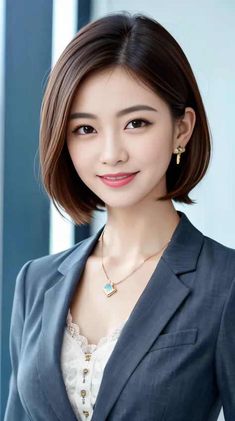 high quality:1.2), RAW Photos, High resolution, Very detailed, Intricate details, 、ear piercing、、Closed mouth smile、、short hair、Black Hair、、Clear beauty,(High Quality Fabric, Office Lady Suits 、Necklace around the neck、, The background is the office

