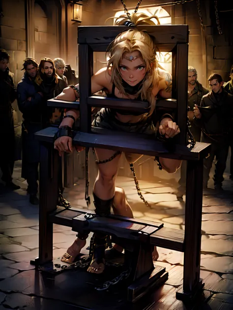 33 year old woman man,beard,blond hair, long hair，muscle，anger, loincloth, in a cage, slave, chained, good looking, facial blemi...