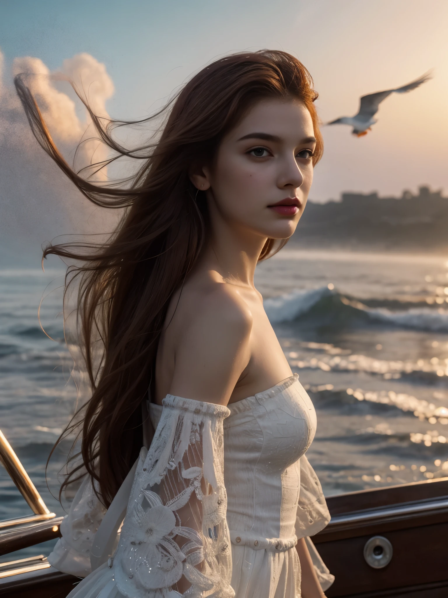 a redhead woman, solo, long hair, black hair, red purple dress, standing, sharp focus, outdoors, sky, day, cloud, water, clothes lift, from behind, blue sky, dutch angle, Victorian era, inspired by Milo Manara, seagulls, ocean, traditional media, beach, watercraft, ship, waves, boat, seagull, film grain, dramatic ambiance, extremely detailed, 8K, proportionated body, [The character is surrounded by mist, evoking a mysterious and eerie atmosphere. The lighting is dark and atmospheric, with a red smoke adding a touch of sinister ambiance. best quality image, with a resolution of 8k and HDR enhancement, showcasing the utmost level of detail and realism, sfw, full body shot]. [Best Quality, Masterpiece, Ultra High Resolution, (highly detailed CG unity 8k wallpaper), (best photo), (best shadows), isometric 3D, octane rendering, ray tracing, highly detailed, (Best quality, 8k, high resolution, masterpiece:1.2), absurdity, masterpiece, ultra detailed, (realistic, photorealistic, photorealistic:1.37), complex parts, HDR, (complex parts:1.12), (hyper detailed, hyper realistic, Soft lighting, spicy:1.2), (complex parts, Hyper detailed:1.15). Blurred foreground. (backlit), high quality, brightness, chromatic aberration, 8k uhd, some smoke, shadows, contrast, clear sky, (warm hue, warm tone), high details, natural reflections]. Insane details, natural skin pores, skin imperfections, cellulite, real skin pores, real skin, stretch marks, moles on skin, photorealistic, (YES SFW:1.5), sfw, sfw, full body, bare feet, long hair, realistic hands.