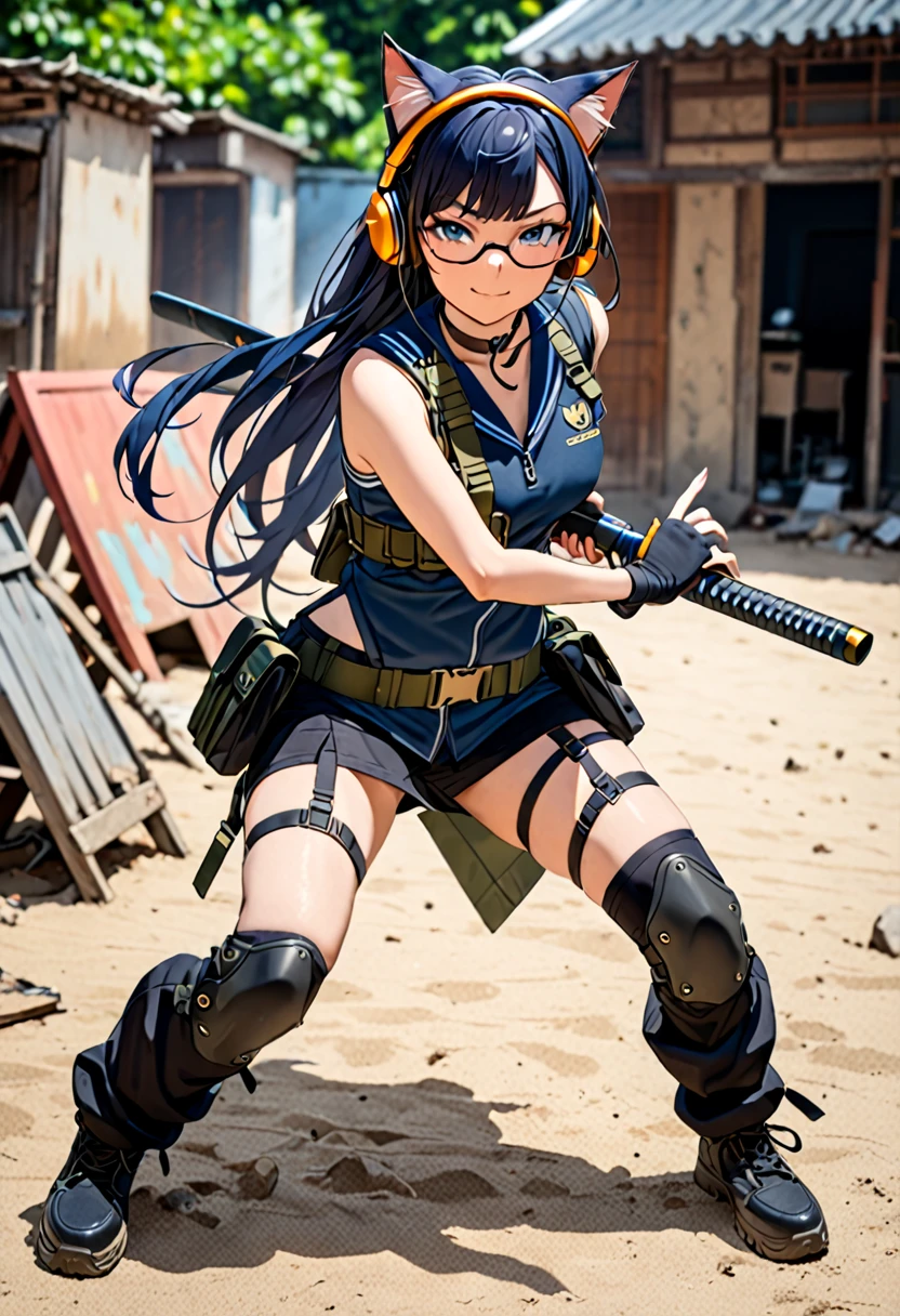 8K Ultra High-Quality, ultra-detailed, High quality, smug face, Dark Blue hair, Long hair, Headset, cat girl, Tactical clothes, Military clothes, body harness, Looking at viewer, choker, glasses, holding a black katana, full body, close up