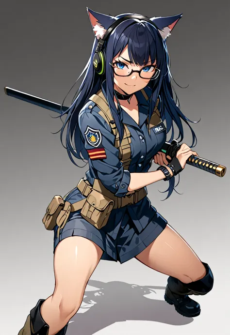 8K Ultra High-Quality, ultra-detailed, High quality, smug face, Dark Blue hair, Long hair, Headset, cat girl, Tactical clothes, ...