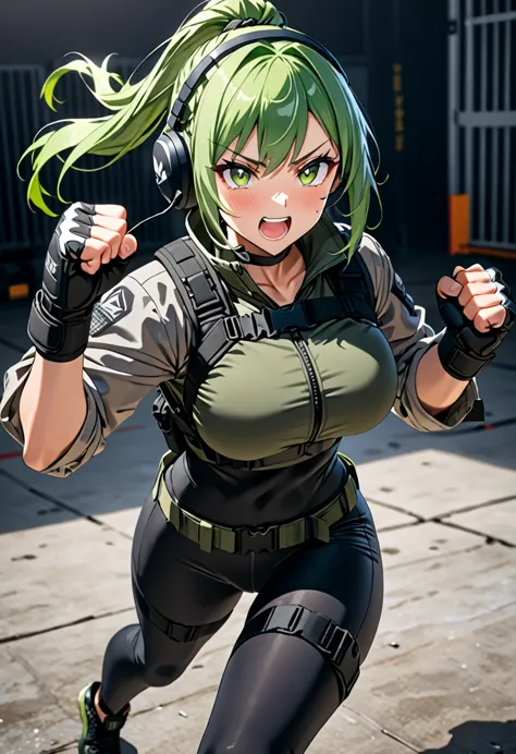 8K Ultra High-Quality, ultra-detailed, High quality, exited face, big chest, Green hair, Long pony tail tied hair, Headset, Tact...