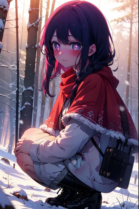 aihoshino, Ai Hoshino, Long Hair, bangs, (Purple eyes:1.1), Purple Hair, (Symbol-shaped pupil:1.5), smile,,smile,blush,white breath,
Open your mouth,snow,Ground bonfire, Outdoor, boots, snowing, From the side, wood, suitcase, Cape, Blurred, , forest, White handbag, nature,  Squat, Mouth closed, Cape, winter, Written boundary depth, Black shoes, red Cape break looking at viewer, Upper Body, whole body, break Outdoor, forest, nature, break (masterpiece:1.2), Highest quality, High resolution, unity 8k wallpaper, (shape:0.8), (Beautiful and beautiful eyes:1.6), Highly detailed face, Perfect lighting, Extremely detailed CG, (Perfect hands, Perfect Anatomy),