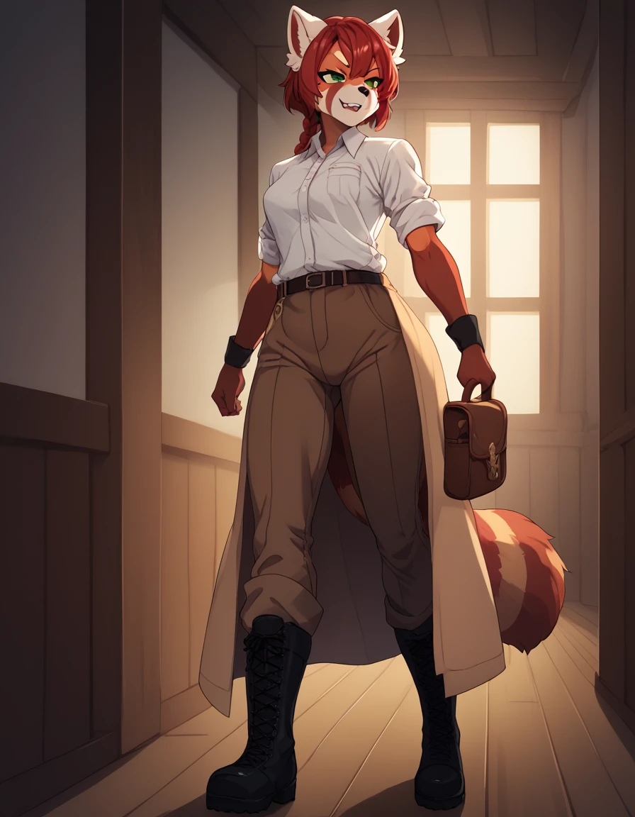 Solo, Score_9, score_8_up, score_7_up, kemono style, Kimiko, An Anthro furry red panda girl, red furry body, red panda tail, , black nose, red hair, braided hair, grinning with teeth, opened dress shirt , brown pants form fitting, satchel around hip leather, short cut combat boots, metal plating on boots, bracers with metal plating on wrist, wooden fantasy town, warm lighting, inside, front angle, impish smirk, majestic, front view, emerald green eyes, looking forward, long legs, athletic toned arms and legs, ass jiggle, athletic toned ass, long coat to legs, trench coat, walking towards viewer, determined.