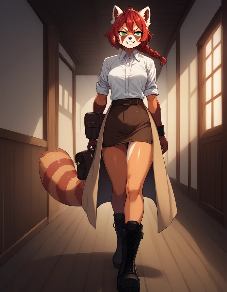 Solo, Score_9, score_8_up, score_7_up, kemono style, Kimiko, An Anthro furry red panda girl, red furry body, red panda tail, , black nose, red hair, braided hair, grinning with teeth, opened dress shirt , brown pants form fitting, satchel around hip leather, short cut combat boots, metal plating on boots, bracers with metal plating on wrist, wooden fantasy town, warm lighting, inside, front angle, impish smirk, majestic, front view, emerald green eyes, looking forward, long legs, athletic toned arms and legs, ass jiggle, athletic toned ass, long coat to legs, trench coat, walking towards viewer, determined.