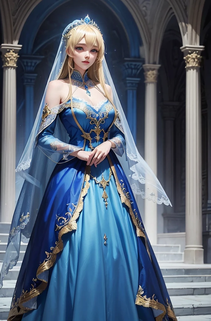 Trägt ein blaues Kleid und einen Schleier、Blonde Frau mit Schleier auf dem Kopf, wunderschönes Fantasiemädchen, detaillierte Fantasy-Kunst, wunderschöne Fantasy-Kunst, blonde Prinzessin, Art Station pixiv&#39;s artgerm, schönes Mädchen, ((schöne Fantasiekaiserin)), 2. 5D CGI Anime Fantasy Kunstwerk, Fantasy-Kunststil, Detaillierte digitale Anime-Kunst, Fantasy-Kunst