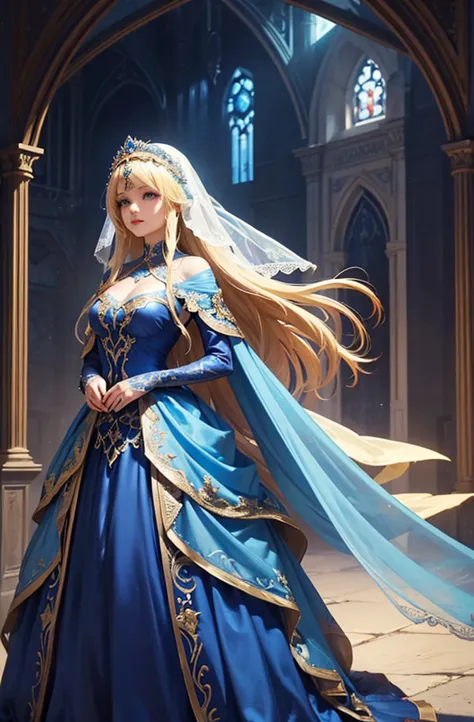 Wearing a blue dress and a veil、Blonde woman with a veil on her head, Beautiful fantasy maiden, Detailed fantasy art, Beautiful ...