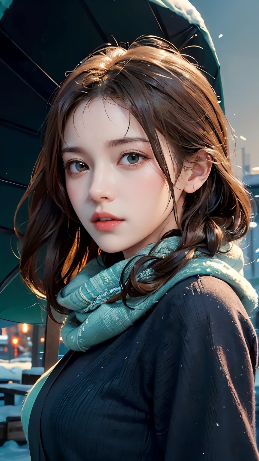 masterpiece,Highest quality,Official Art,Highly detailed CG Unity 8k wallpaper,Large Breasts, One girl, Upper Body, Face close-up,scarf, Maid, Snow Shelter,Exposure Blending, Medium Shot, Bokeh, (High resolution:1.4), High Contrast, (Cinematic, blue green and orange:0.85), (Calm colors, Dim color, Calm tone:1.3),Small face