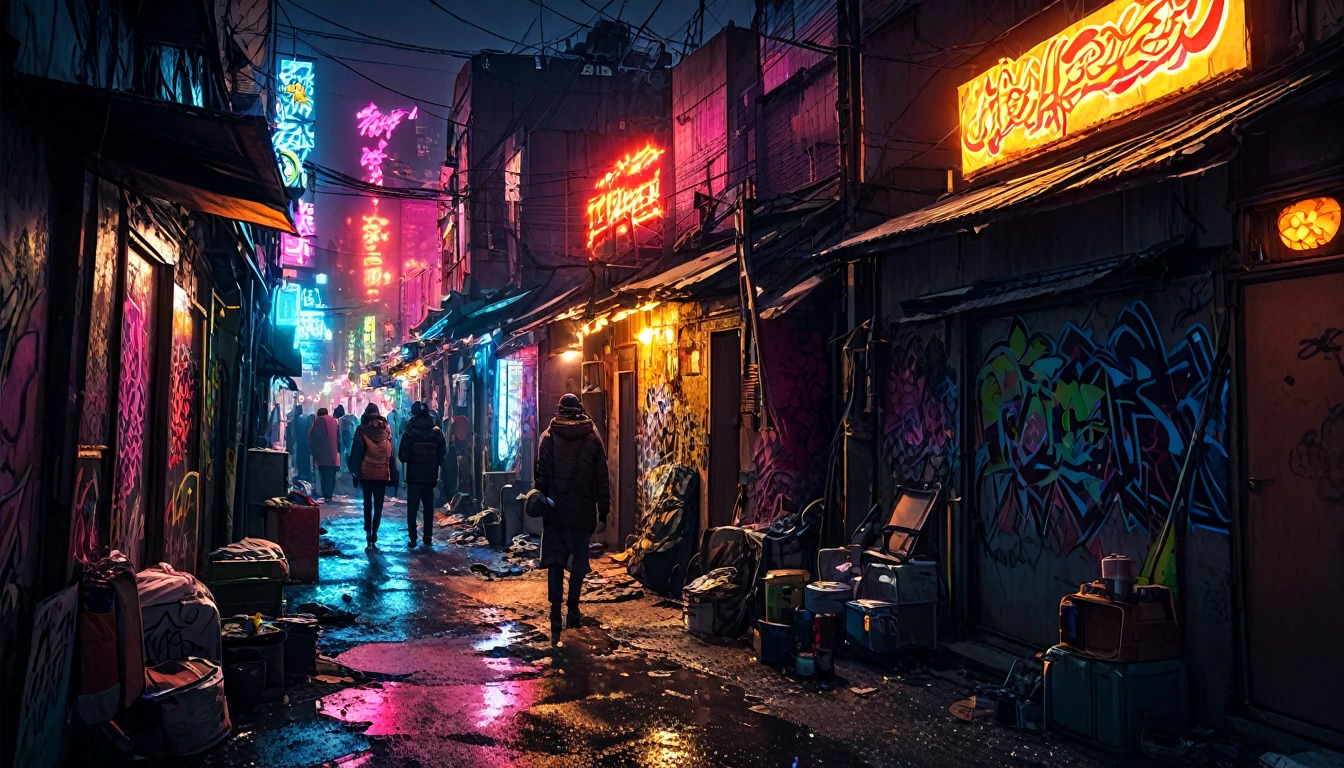 Uma imagem corajosa e sombria de Underberry, o bairro de favelas de Neon City. Becos estreitos cheios de pichações e casas improvisadas construídas com materiais descartados. A área é iluminada por letreiros de neon piscantes e pelo brilho de modificações cibernéticas ilegais. Pessoas com roupas surradas andam apressadas, alguns envolvidos em negócios ilícitos, enquanto outros tentam encontrar um momento de consolo. visão grande angular --ar 169:96