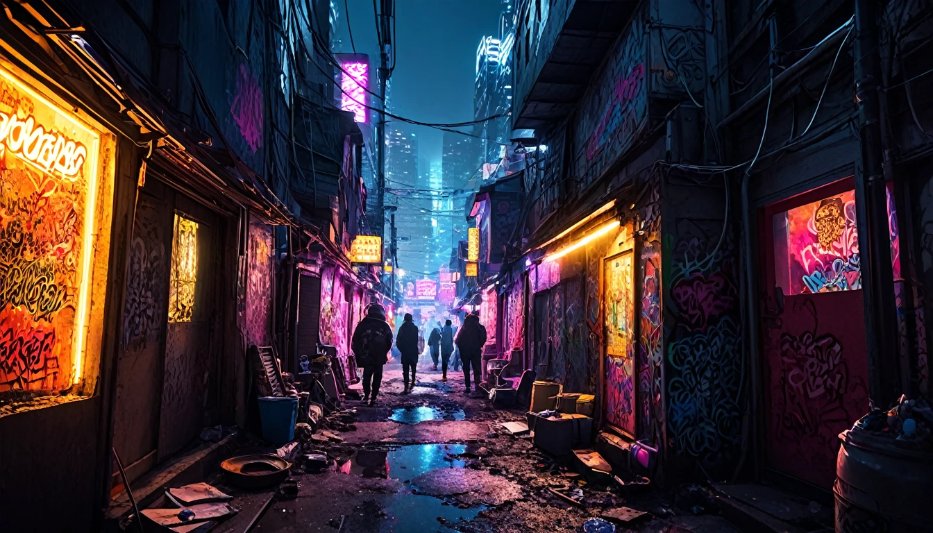 A gritty and dark image of Underberry, the slum district of Neon City. Narrow alleyways filled with graffiti and makeshift homes constructed from scrap materials. The area is illuminated by flickering neon signs and the glow of illegal cybernetic modifications. People in worn-out clothes bustle around, some engaging in illicit trades, while others try to find a moment of solace. wide-angle view --ar 169:96