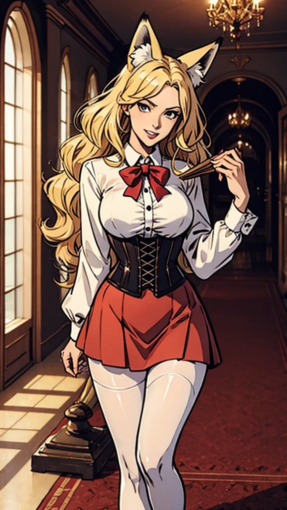 love comedy anime's Heroine style,
empress of great fox,fluffy fox ear,cute young lady,amazing volume of blonde hair,curled long hair,dark black pantyhose,corset,red skirt,White blouse with ruffles,holding fan,In the hall of the mansion,big high laughter,
