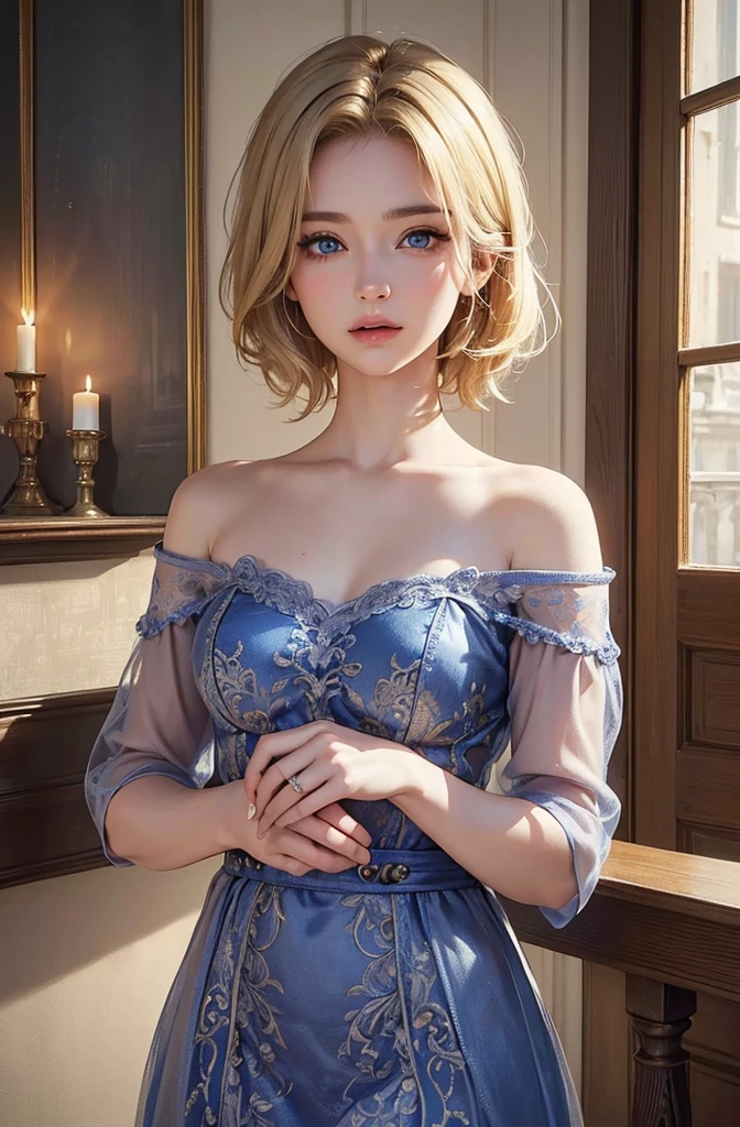 (masterpiece: 1.2, Highest quality), Realistic, (Realistic Picture, Intricate details, Depth of written boundary), Highest quality, masterpiece, Very detailed, Semi Realistic, 1 girl, Mature Woman, 21 years old, Blonde, shoulder-length short hair,, The left eye is covered with hair, blue eyes, King&#39;s Clothes, Red Cape, Slim figure, A crown made of precious gold, Read the document, Document marking, Goose hair pen, Office Table, Soft bench, palace, palaceで, middle ages