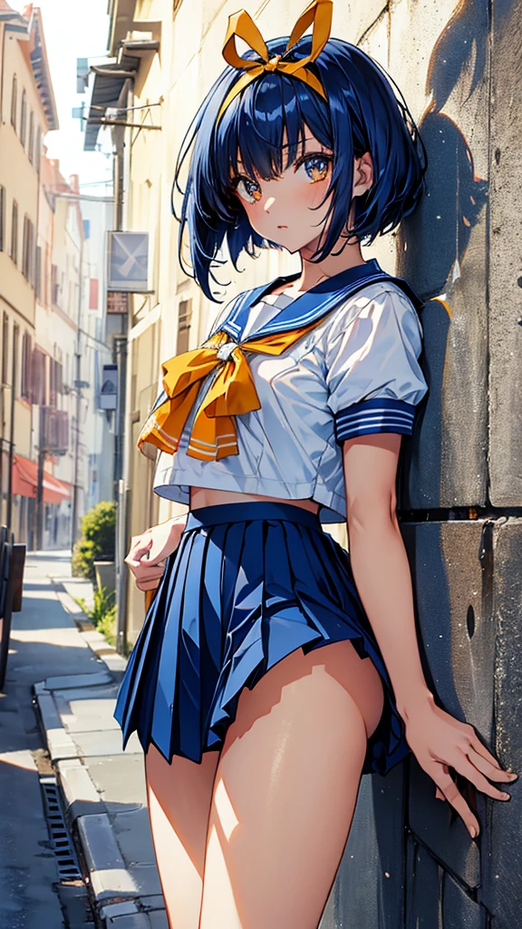 asuka, orange eyes, short hair, blue hair, hair ribbon, , serafuku, sailor collar, short sleeves, yellow bow, blue skirt, pleated skirt,Leaning against a wall,legs up,panty shot,white panty,masterpiece,Noise Reduction,perfect anatomy,high resolution, ultra-detailed, ultra-detailed face,game cg,dutch angle ,beautiful detailed eyes,visualart,five fingers, perfect hands, perfect lighting, sparkling pupils,