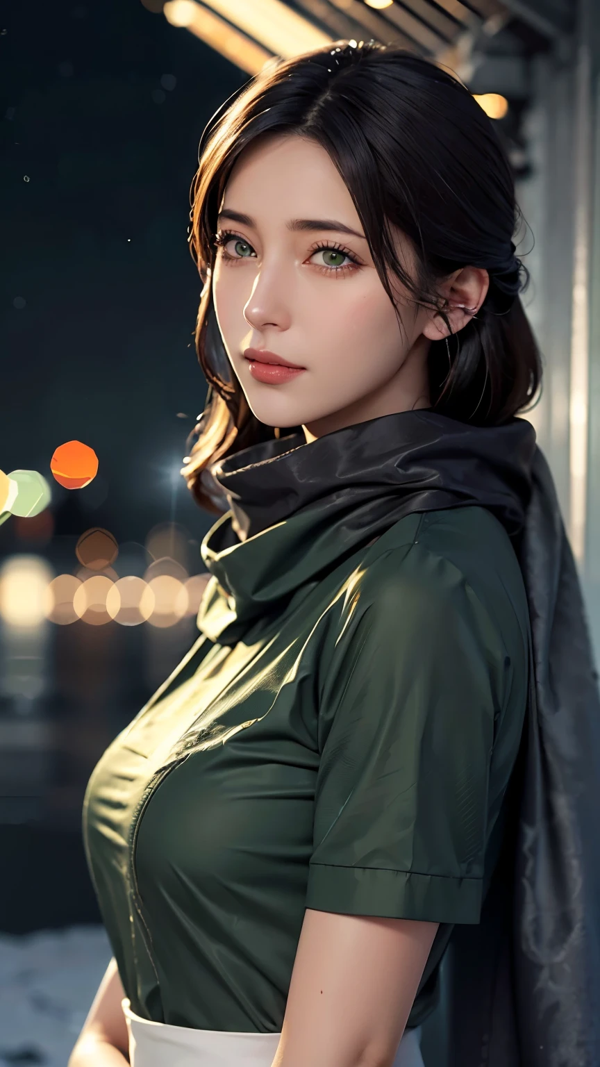 masterpiece,Highest quality,Official Art,Highly detailed CG Unity 8k wallpaper,Large Breasts, One girl, Upper Body, Face close-up,scarf, Maid, Snow Shelter,Exposure Blending, Medium Shot, Bokeh, (High resolution:1.4), High Contrast, (Cinematic, blue green and orange:0.85), (Calm colors, Dim color, Calm tone:1.3),Small face、Smile with closed mouth