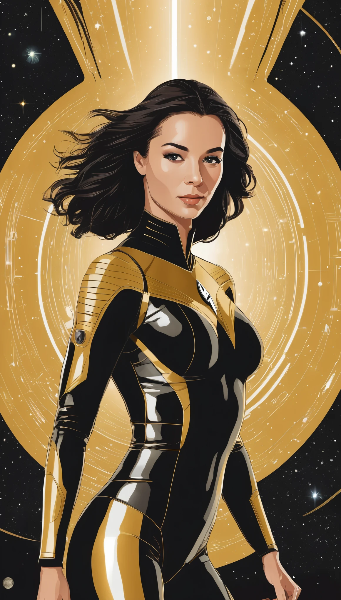 (masterpiece:1.2),(Black and gold bicolor vector art:1.4),Martin Anshin style,(Vector Flat:1.2),(Sci-fi movie posters:1.6),Sexy Woman,Space Body Suit,star trek style,Milky Way,planet,Spaceship,adventure