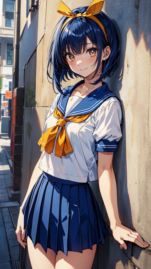 smile,asuka, orange eyes, short hair, blue hair, hair ribbon, , serafuku, sailor collar, short sleeves, yellow bow, blue skirt, pleated skirt,Leaning against a wall,(leg up),panty shot,white panty,masterpiece,Noise Reduction,perfect anatomy,high resolution, ultra-detailed, ultra-detailed face,game cg,dutch angle ,beautiful detailed eyes,visualart,five fingers, perfect hands, perfect lighting, sparkling pupils,