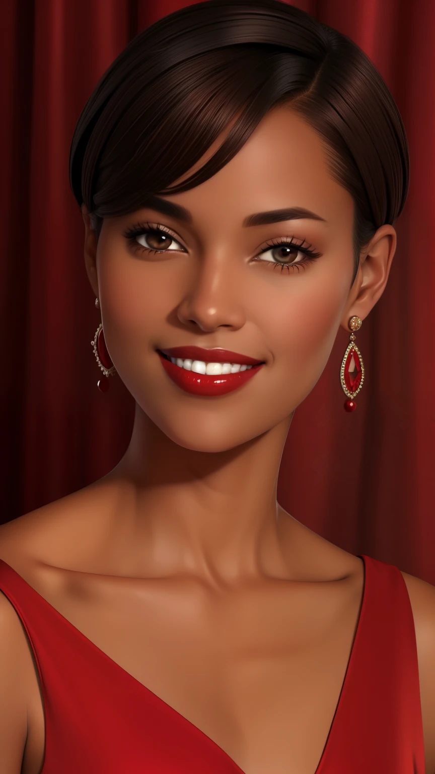  Facial portrait, smile, Very short hair, Brown Hair, Brown Skin, Red dress, Red lipstick.