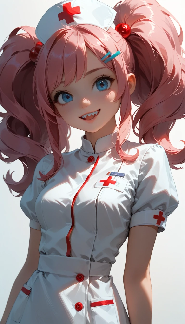 Beauty caretaker 、Nurse uniform、Highest quality、masterpiece、One Girl、22 years old、White skin、Wicked Smile:0.8、Open your mouth、Sharp teeth、Pink Hair。Twin tails、Hair Clip、big hair clip、Cute Hair Clips、Grey Eyes、Small red cheeks and nose、break、Beauty caretaker 、