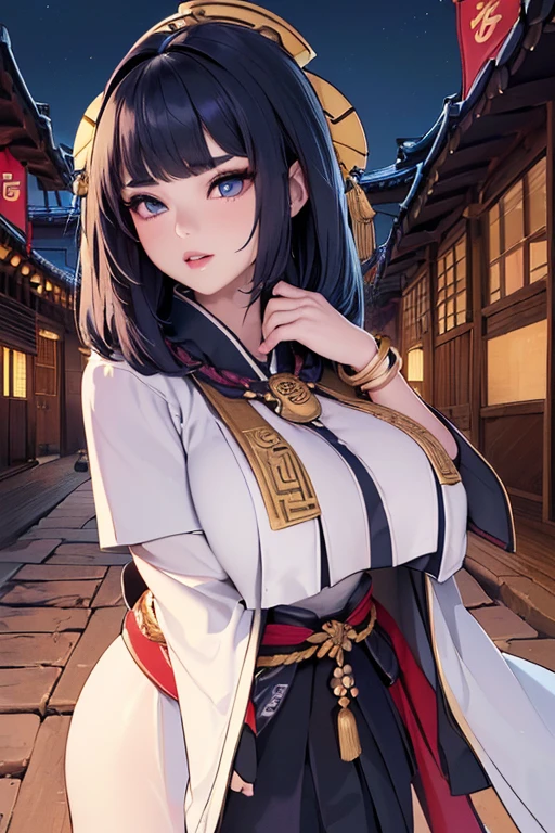 ((masterpiece, best quality, perfect eyes, perfect face, perfect anatomy, perfect lighting ((feudal Korean village)), ((Busty Bitches)), 1girl(1 teen))) ecchi chibi girl(g string, exotic priestess robes,  bracelets, tattoo of Korean characters, colourful jewellery, dark magic), (Night street in Asian village, mystical evil)