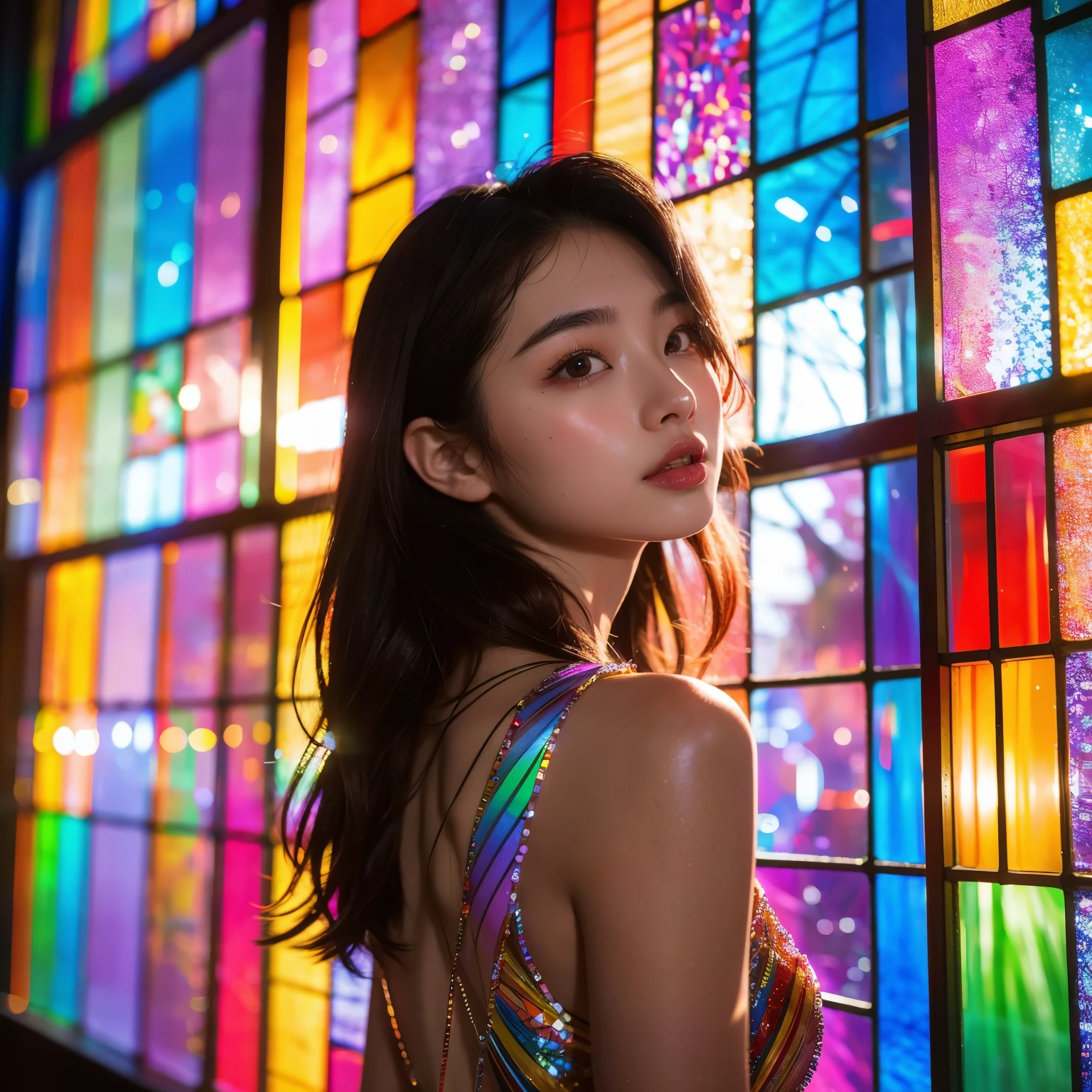 highest quality, 8K resolution, masterpiece, Professional photography, 20yo Japanese woman, The background is Elaborate colorful stained glass, Enchanting atmosphere, Rainbow Glass