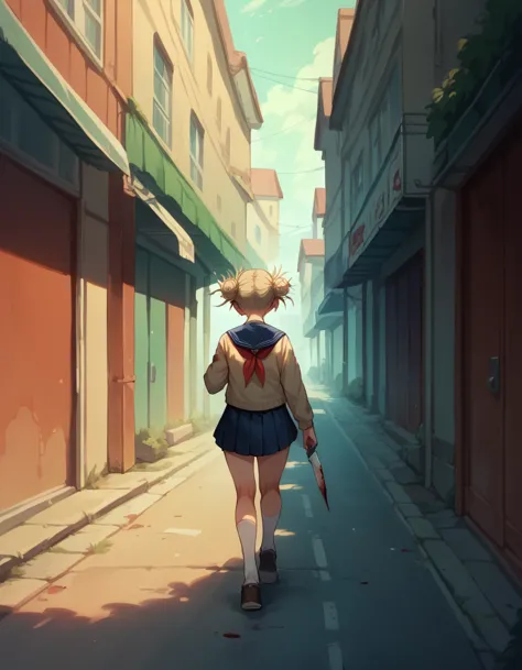 himiko toga holding a bloody knife, while walking down the street, (it&#39;s dark, se ve infernal) while he was leaving a trail ...