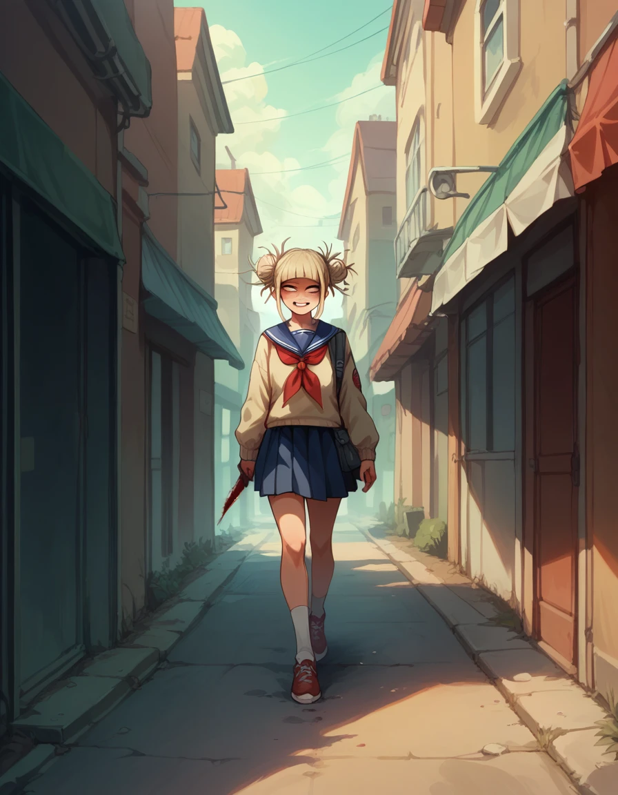 Himiko toga holding a bloody knife, While walking down the street, (it&#39;s dark, se ve infernal) while he was leaving a trail of blood and she saw his hands 