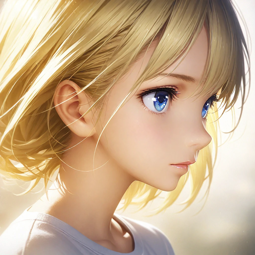 portrait, Practical, blue eyes, Blonde hair, Mid-chest, 4K resolution, High quality CG, Beautiful CG, Soft Light, Octane Rendering, white t-shirt, close shot, front, direct gaze, profile picture