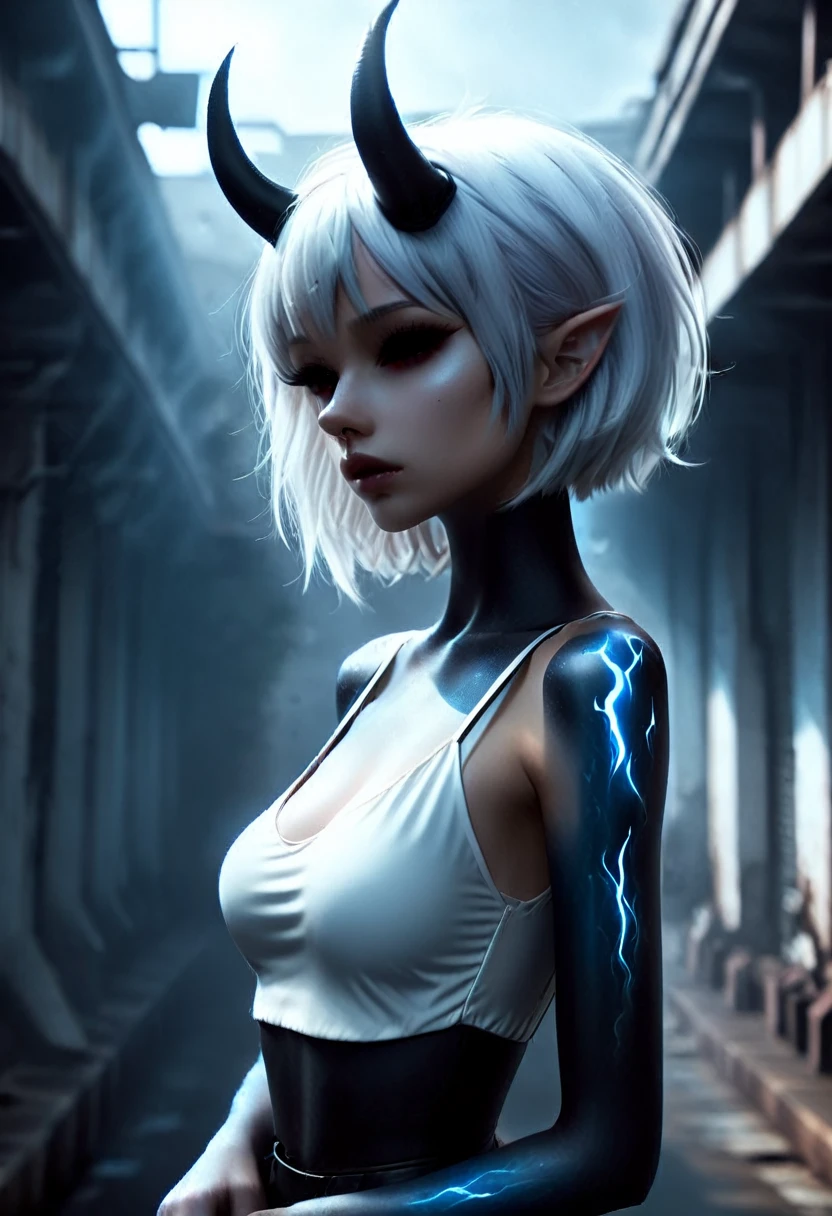 1girl, solo, breasts, looking at viewer, short hair, bangs, red eyes, closed mouth, blue hair, upper body, white hair, blurry, from side, lips, depth of field, blurry background, glowing, letterboxed, science fiction, rain, android, cyborg, robot joints, cyberpunk