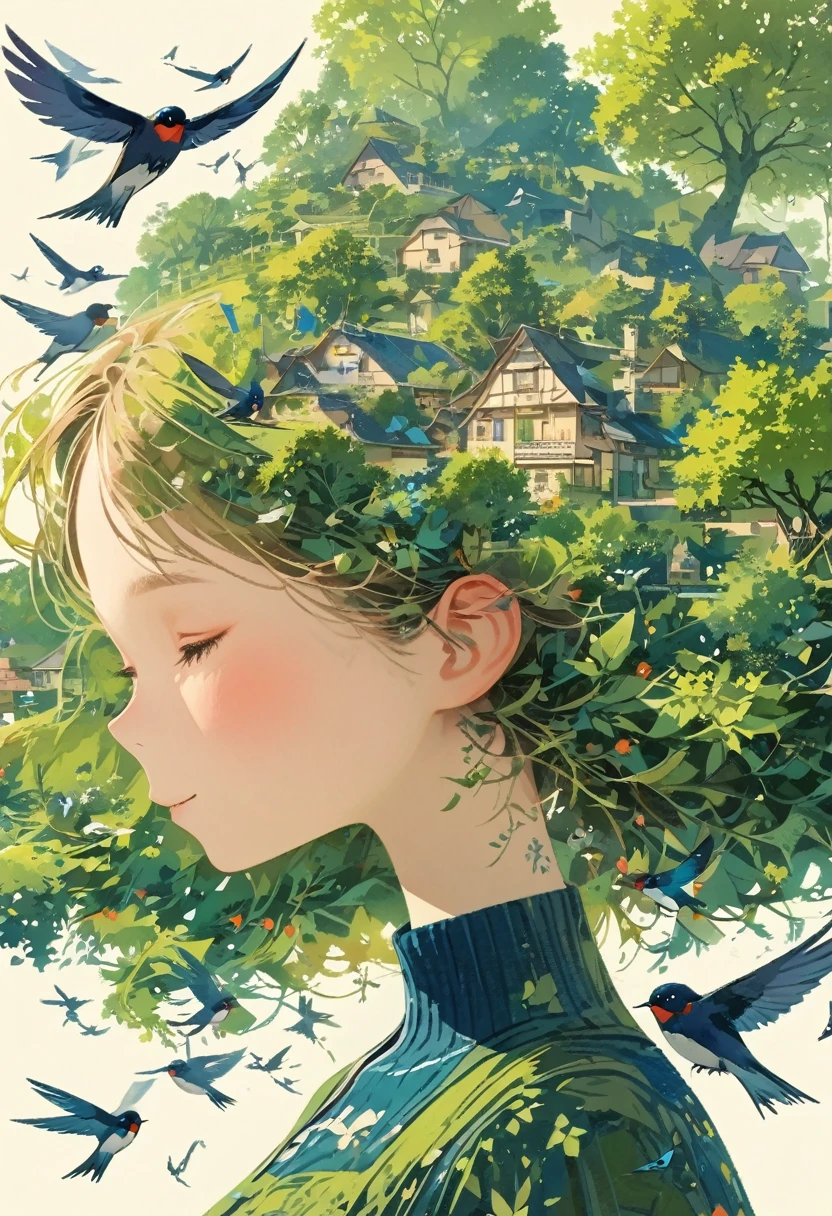 ((long shot:1.8)), (masterpiece, best quality:1.2), (plane vector:1.3)，Art concept art，minimalist style，simple，1 girl，House with blue accents overhead、Hair decorated with natural and house elements，birds flying around，Surrounded by birds，swallow、Fantasy illustration of trees and hills