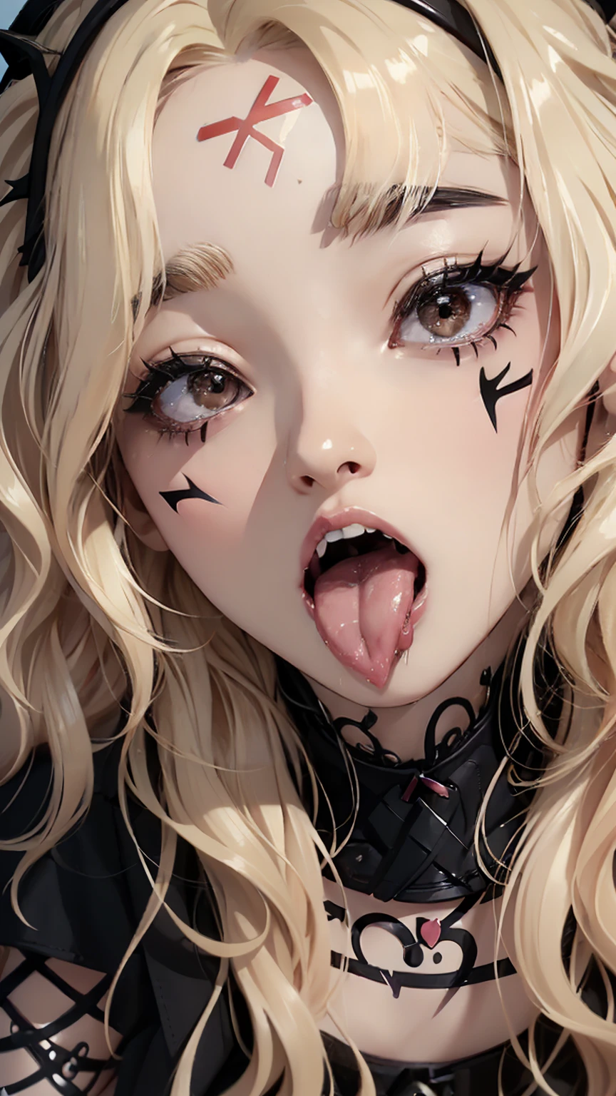 masterpiece, Highest quality, (Face close-up, Sticking out a long tongue, Ahegao:1.5), beautiful girl, happiness, smile, Beautiful and detailed, Narrow eyes, Dark Eyes, amount, Thin eyebrows, Eyelash extensions, (blonde, Wavy bristles, Long Hair:1.3), Gal Makeup, (Punk rock outfit:1.3), (Small band house:1.3)