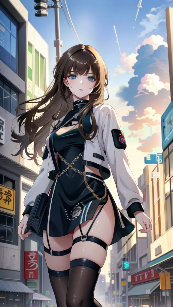 hyper realistic, masterpiece, very detailed, sci-fi, dystopian, (beautiful eyes ), (bangs), brunette, Woman,  detailed face, detailed skin, baggy clothes, thigh high socks, skirt,  cyberpunk, soft light, subsurface scattering,((skyline)), cumulonimbus clouds, busy street, polluted, dust,