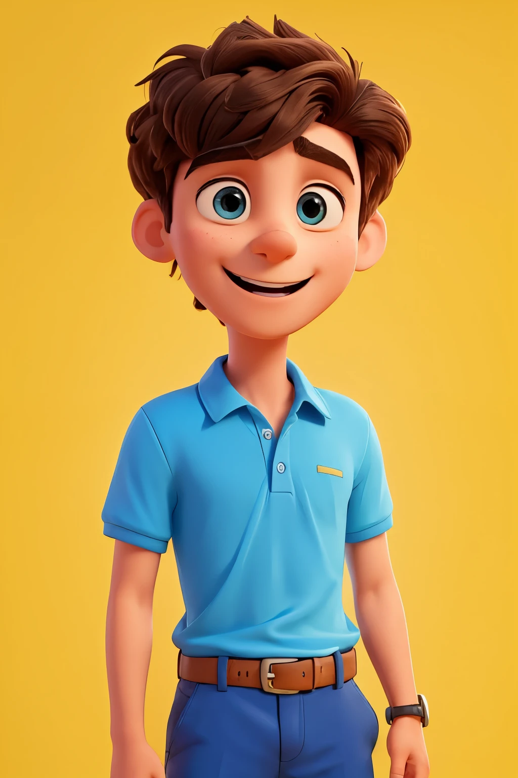 In a surprising setting, un joven atractivo yace sobre un fondo amarillo intenso, vistiendo un polo azul radiante y jugando con la cámara. Tus ojos brillan de alegría, mientras una divertida animación al estilo Pixar llena la escena. Alrededor de ella, una caricatura renderizada en 3D llena de detalles vívidos impresiona, creando un ambiente de humor incontenible. El joven mantiene una expresión feliz., expresando tu espontaneidad y alegría