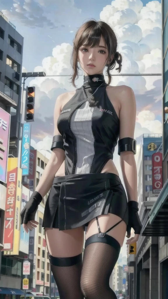 hyper realistic, masterpiece, very detailed, sci-fi, dystopian, (beautiful eyes ), (bangs), brunette, Woman,  detailed face, detailed skin, baggy clothes, thigh high socks, skirt,  cyberpunk, soft light, subsurface scattering,((skyline)), cumulonimbus clouds, busy street, polluted, dust,