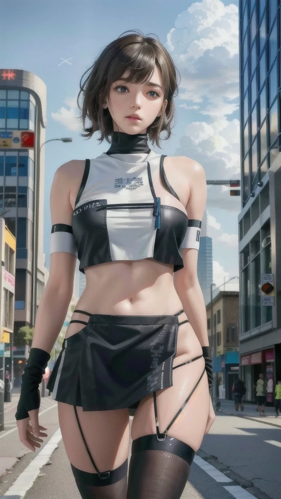 hyper realistic, masterpiece, very detailed, sci-fi, dystopian, (beautiful eyes ), (bangs), brunette, Woman,  detailed face, detailed skin, baggy clothes, thigh high socks, skirt,  cyberpunk, soft light, subsurface scattering,((skyline)), cumulonimbus clouds, busy street, polluted, dust,