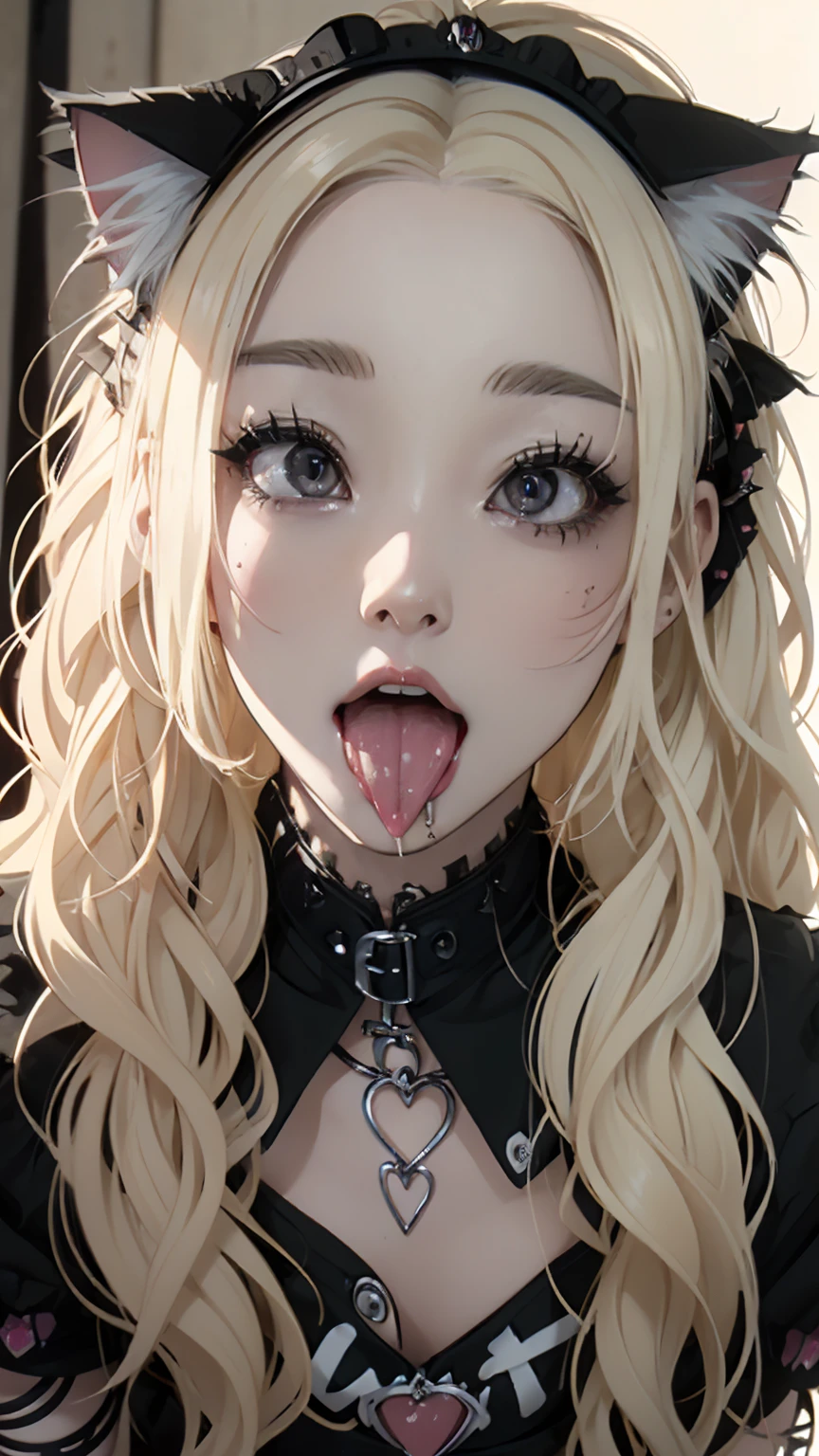 masterpiece, Highest quality, (Face close-up, Sticking out a long tongue, Ahegao:1.3), beautiful girl, happiness, smile, Beautiful and detailed, Narrow eyes, Dark Eyes, amount, Thin eyebrows, Eyelash extensions, (blonde, Wavy bristles, Long Hair:1.3), Gal Makeup, (Punk rock outfit, Added cat elements:1.3), (Small band house:1.3)