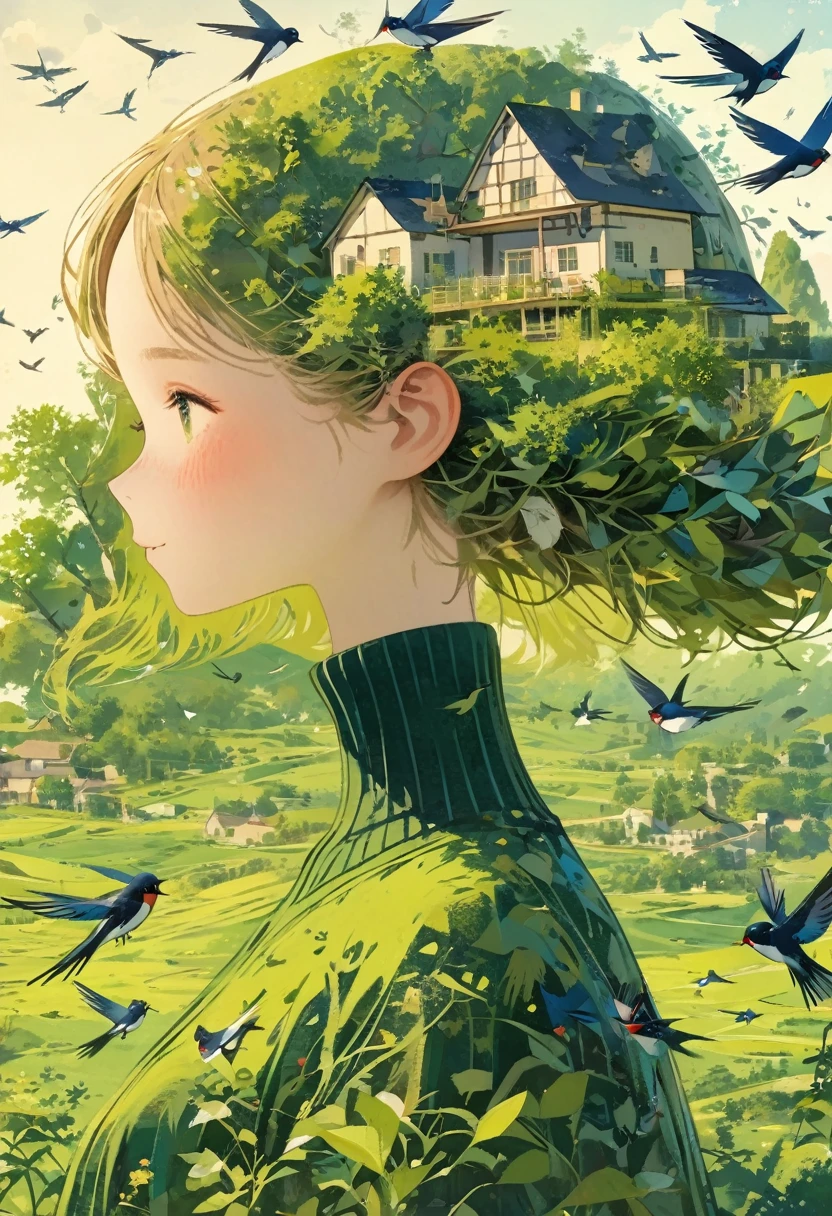 ((Long Shot:1.8)), (masterpiece, Highest quality:1.2), (planar vector:1.3)，Art Concept Art，Minimalist Style，Simple，1 girl，House with blue accents overhead、Hair decorated with natural and house elements，Flying birds，Surrounded by birds，swallow、Fantasy illustration of trees and hills