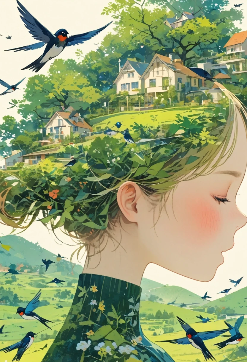 ((Long Shot:1.8)), (masterpiece, Highest quality:1.2), (planar vector:1.3)，Art Concept Art，Minimalist Style，Simple，1 girl，House with blue accents overhead、Hair decorated with natural and house elements，Flying birds，Surrounded by birds，swallow、Fantasy illustration of trees and hills