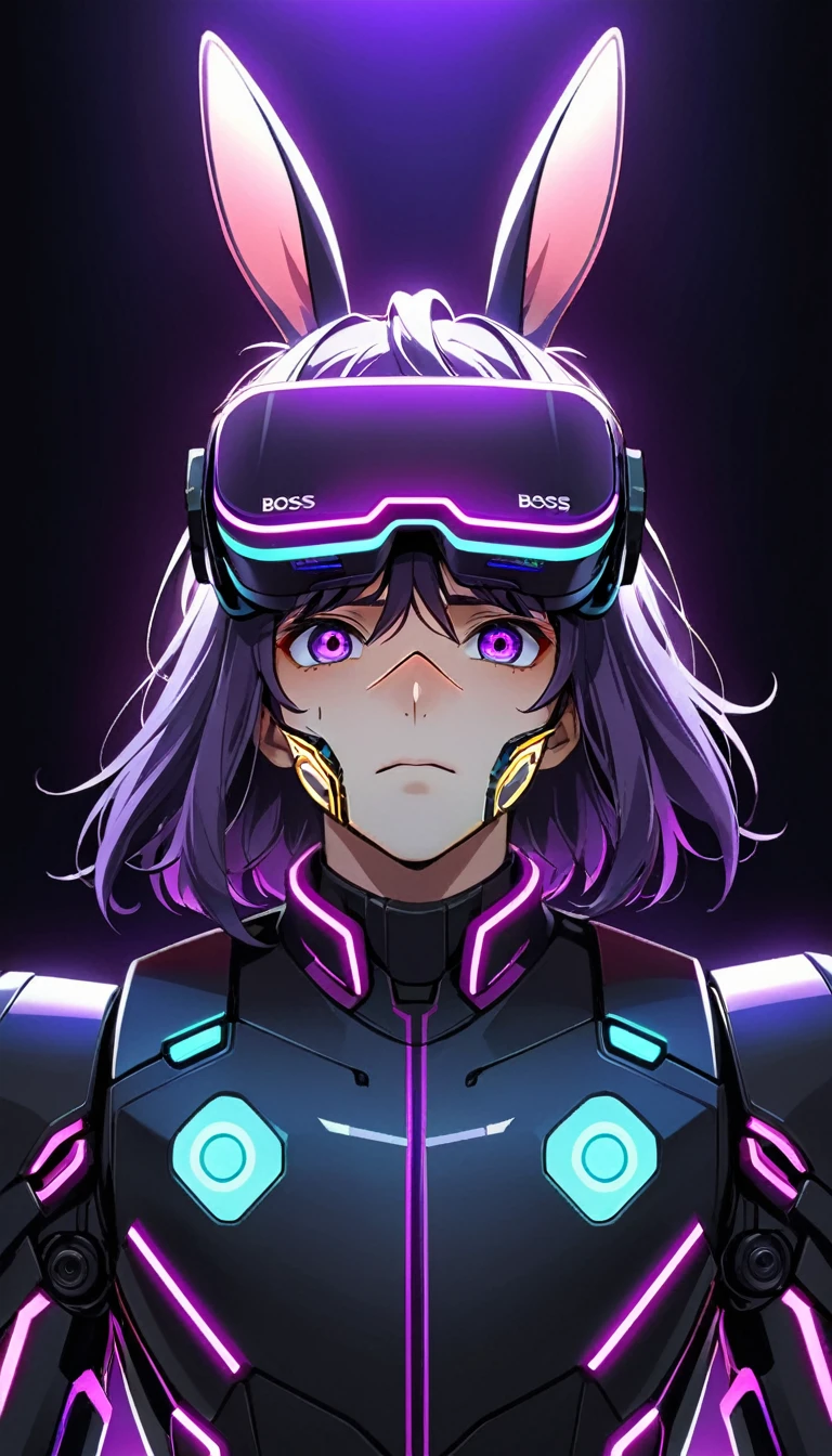 1 male rabbit, dark purple fur,There is a wound on the cheek.,Wear VR glasses ,Look at the viewer directly in front of you.,RGB color set,สวมชุดเกราะ Sci-fi robot tone neon ,Boss,Neon light on stage,speaking with determination,Clear picture, picture of only 1 person
