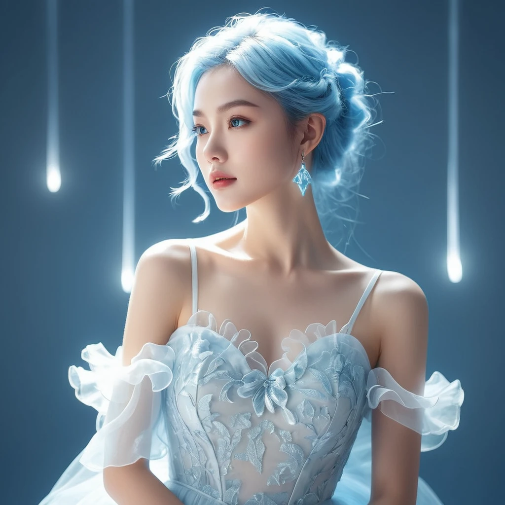 ((jóia_Elemento leve)), (corpo luminoso translúcido_vestindo um vestido branco com babados para madrinhas:1.3), (uma menina feita de luz azul-clara: 1.2, Penteado azul longo e ondulado com traços delicados e luz:1.3), (Minimalismo: 0.5), (Ângulo de close frontal acima da cintura: 1.3), 4K, HDR, gráficos ácidos, Trabalho de fantasia, [Rostos detalhados e vívidos: 0.33], (Corpo brilhante translúcido branco e cabelo azul: 1.3), Contorno de silhueta e linda mulher brilhante, Elegância discreta é revelada.. Uma atmosfera calma e digna proporciona uma sutil sensação de luxo... textura lisa cinza, Pose elegante, fluorescent, tatuagem brilhante, tatuagem bioluminescente, padrão brilhante.