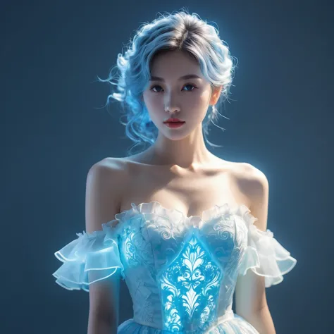 ((jewel_light element)), (Translucent luminous body_wearing a white frilly dress for bridesmaids:1.3), (girl made of lightblue l...