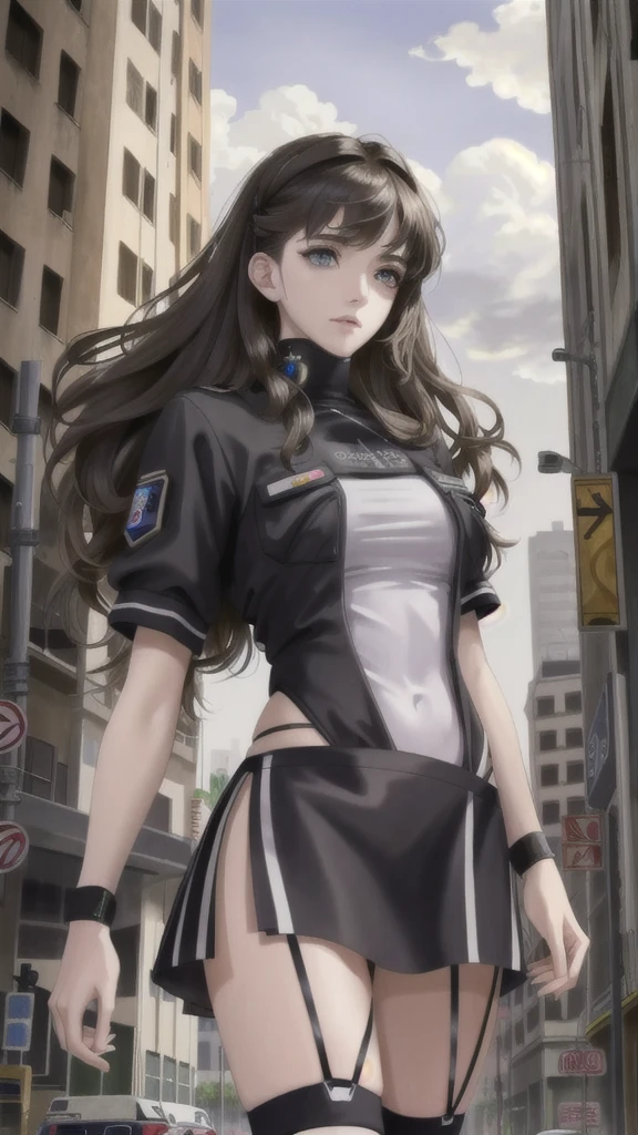 hyper realistic, masterpiece, very detailed, sci-fi, dystopian, (beautiful eyes ), (bangs), brunette, Woman,  detailed face, detailed skin, baggy clothes, thigh high socks, skirt,  cyberpunk, soft light, subsurface scattering,((skyline)), cumulonimbus clouds, busy street, polluted, dust,